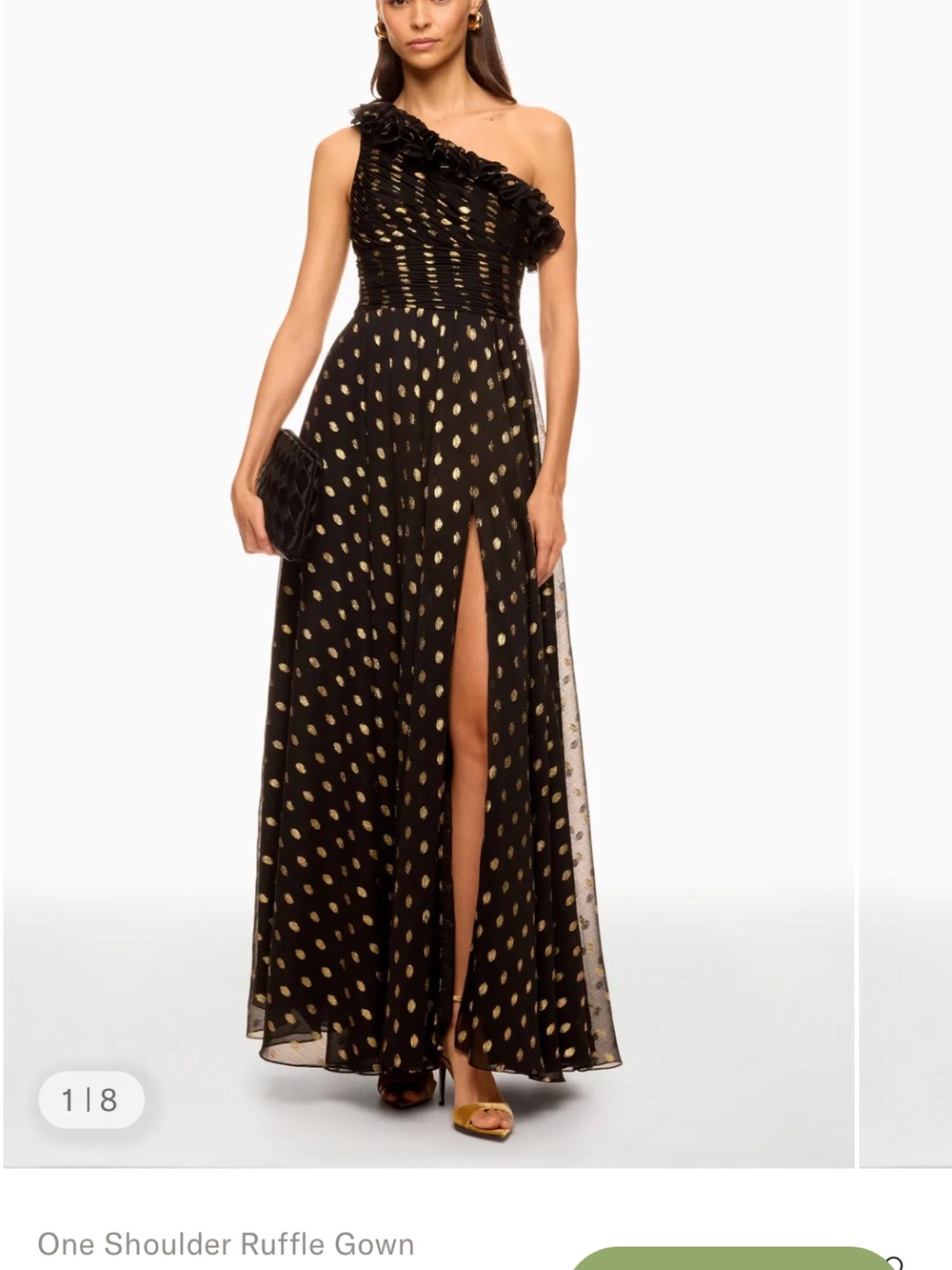Mac Duggal Black One-Shoulder Ruffle Gown with Gold Dot Print